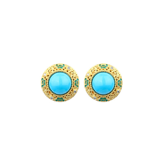 925 Silver Needle Gold-plated Blue Turquoise Ruyi Hollow Round Women's Earrings