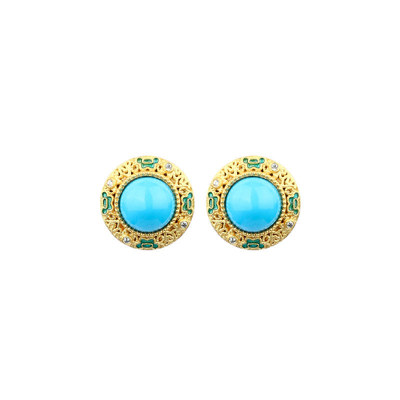 925 Silver Needle Gold-plated Blue Turquoise Ruyi Hollow Round Women's Earrings