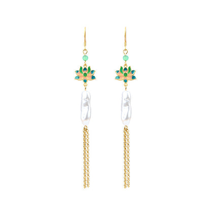 Lucky Lotus Baroque Pearl S925 Silver Needle Tassel Earrings