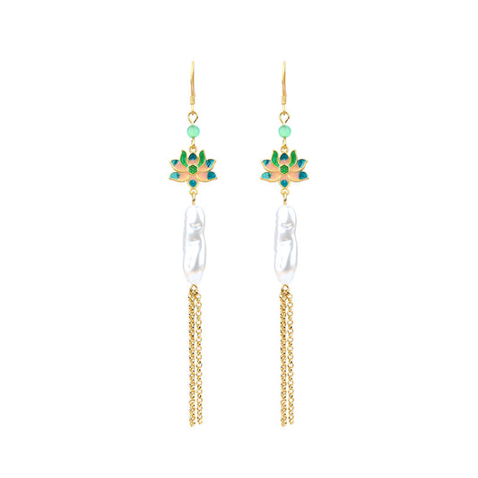 Lucky Lotus Baroque Pearl S925 Silver Needle Tassel Earrings