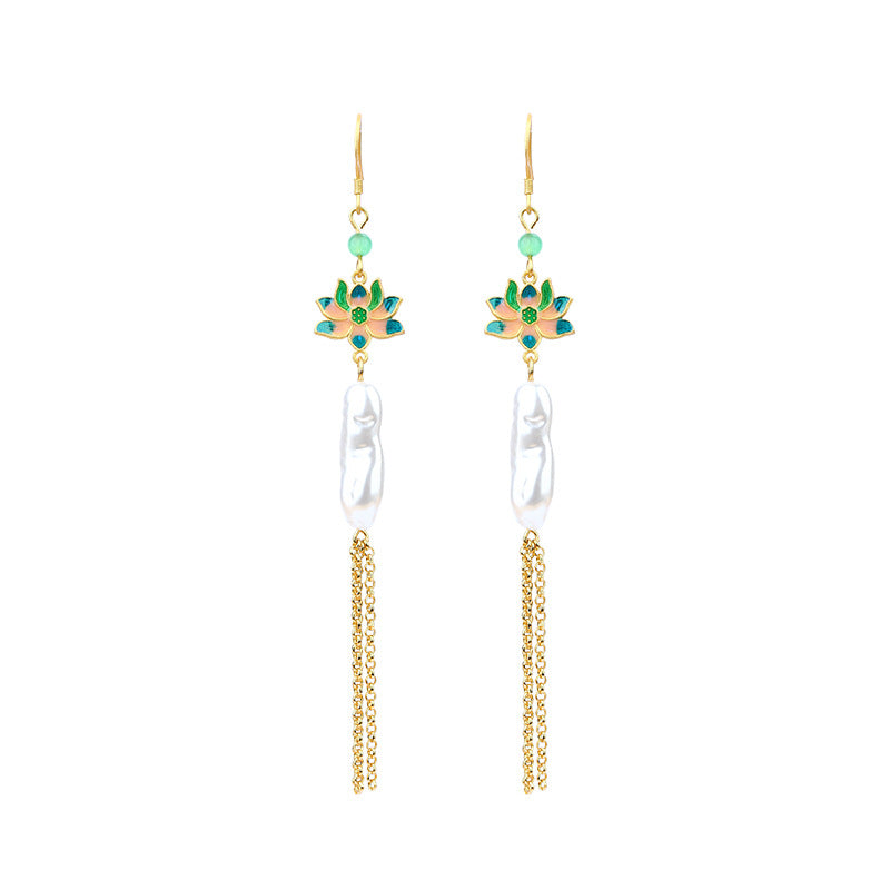 Lucky Lotus Baroque Pearl S925 Silver Needle Tassel Earrings