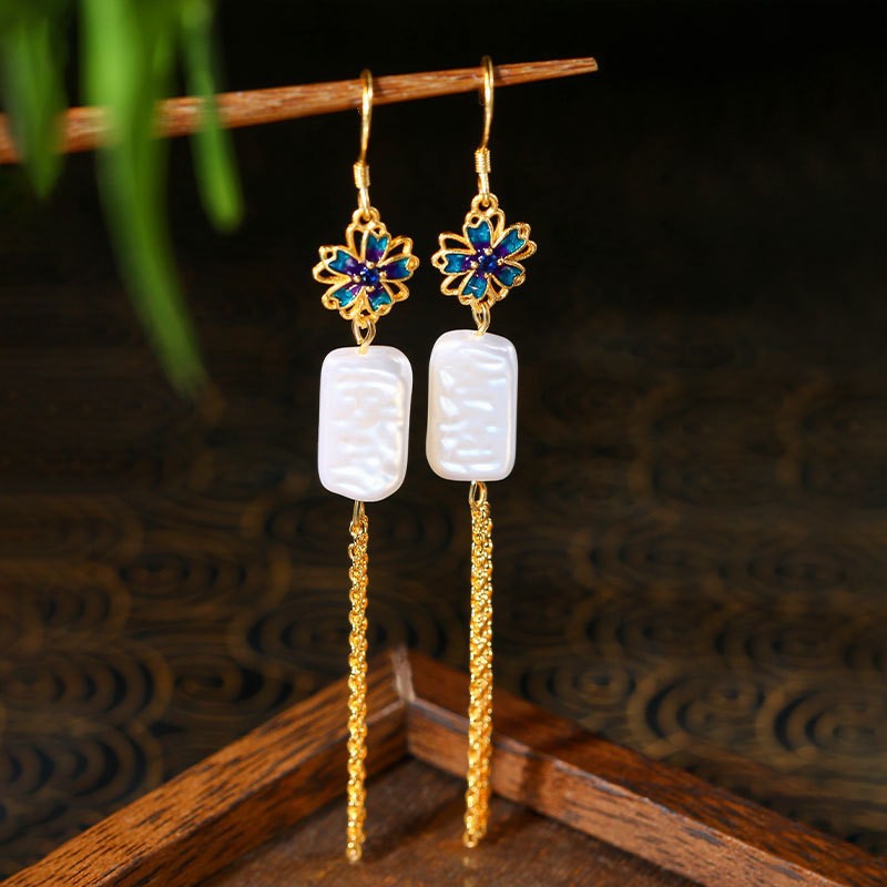 Baroque Alien Imitation Pearl Silver Pin Enamel Gradient Tassel Earrings