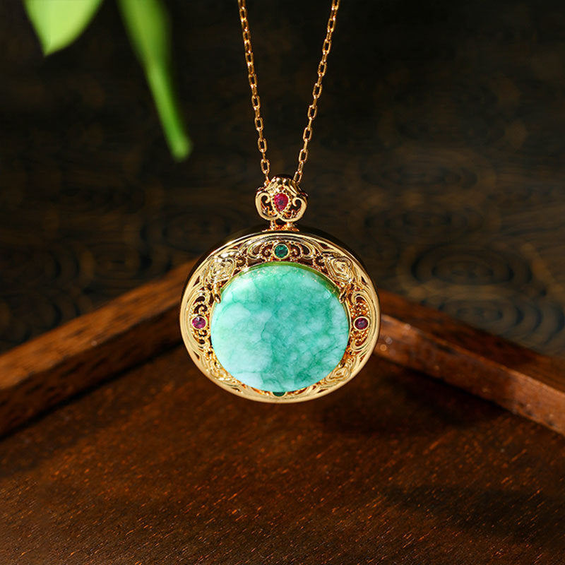 Gold-plated Inlaid Dry Green Imitation Jade Pendant Necklace