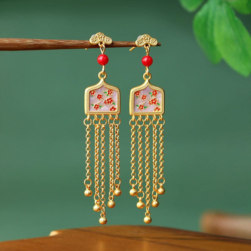 925 Silver Burned Blue Plum Blossom Tassel Earrings, Enamel Embellished, Vintage Style