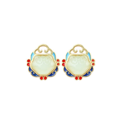 Elyuan Ancient Method Gold Plated 925 Silver Imitation Hetian Jade Xiangyun Ruyi Peace Lock Earrings