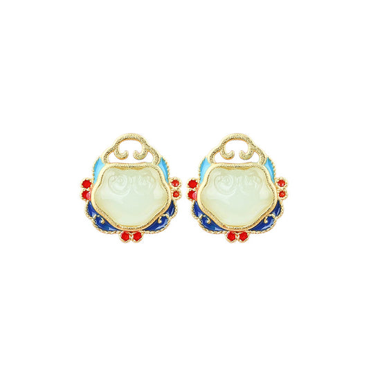 Elyuan Ancient Method Gold Plated 925 Silver Imitation Hetian Jade Xiangyun Ruyi Peace Lock Earrings