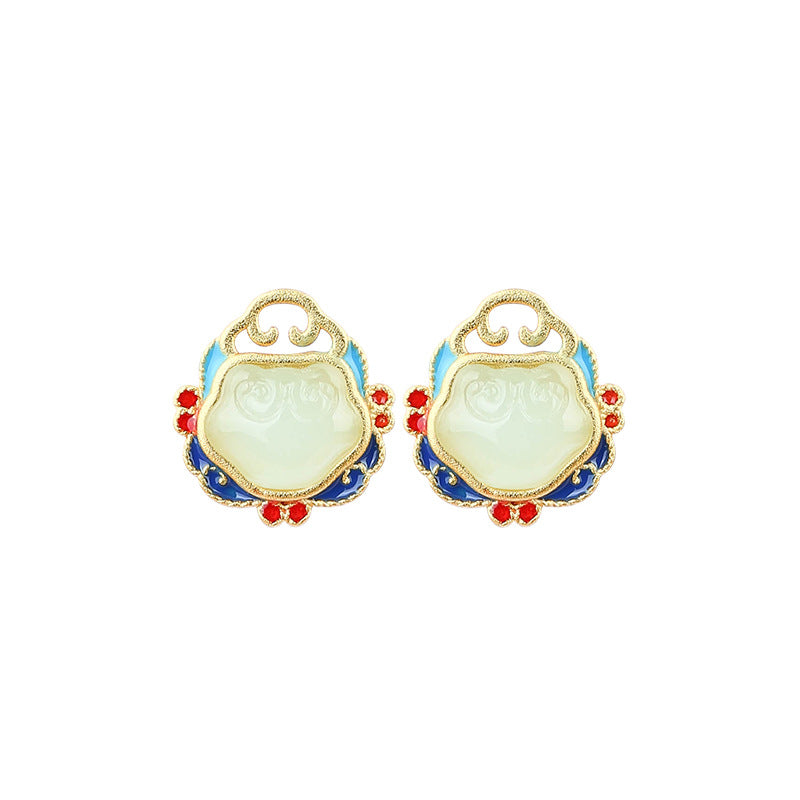 Elyuan Ancient Method Gold Plated 925 Silver Imitation Hetian Jade Xiangyun Ruyi Peace Lock Earrings