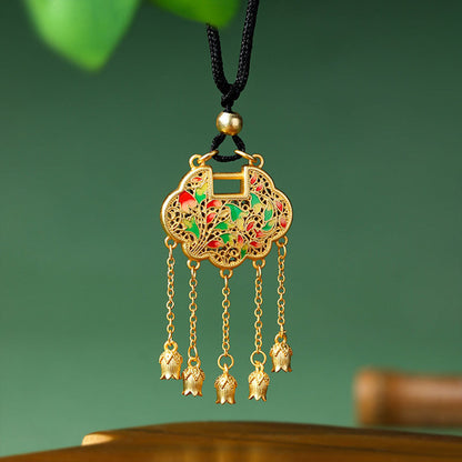 5D Hard Gold Lotus & Ping An Lock Tassel Pendant Necklace for Women