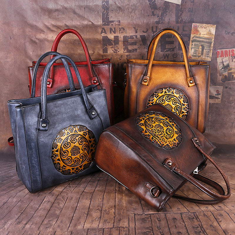 Top Layer Cowhide Women's Crossbody Bag, Vegetable Tanned Leather, Embossed & Hand-polished