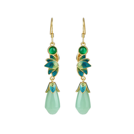 Mirror Enamel Glaze Imitation Jade Magnolia Earrings, Vintage Style