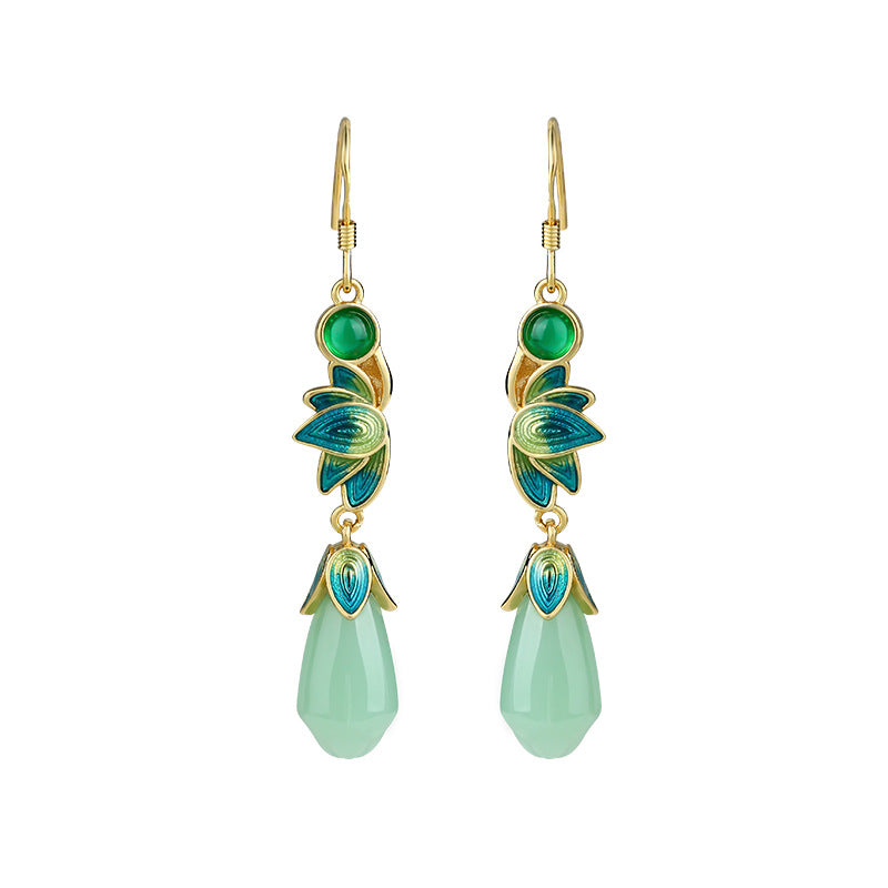 Mirror Enamel Glaze Imitation Jade Magnolia Earrings, Vintage Style