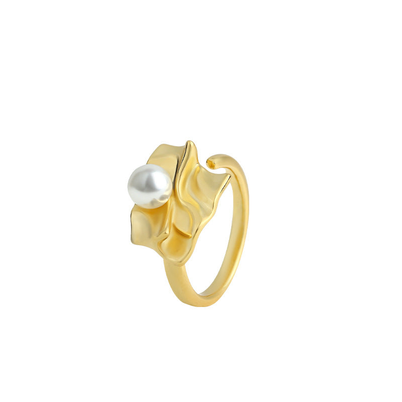 Exaggerated Metal Fold Style Pearl Open Ring for Women, Sweet and Cool