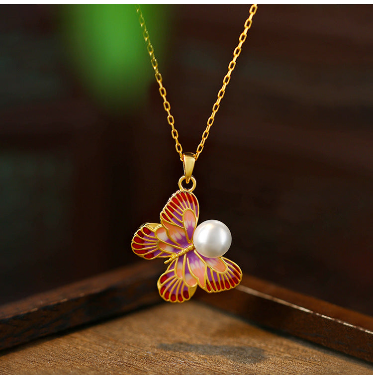 Enamel oil drop pink butterfly shape pearl earrings ring necklace suit for women