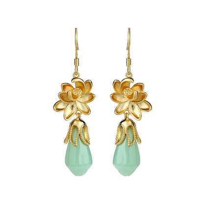 Gold-plated Imitation Hetian Jade Orchid Earrings for Cheongsam Hanfu