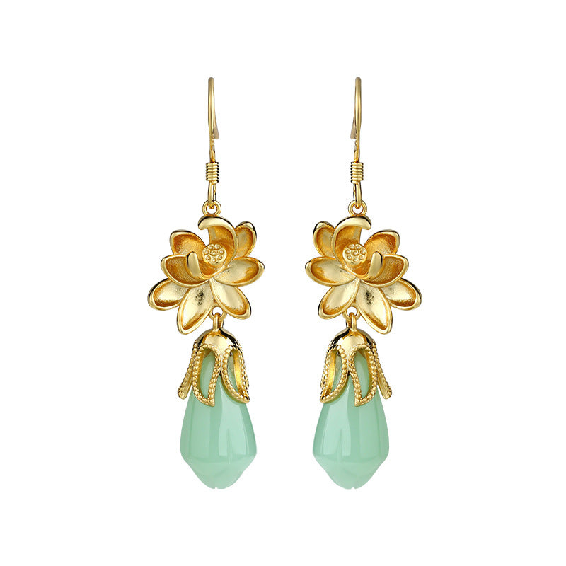 Gold-plated Imitation Hetian Jade Orchid Earrings for Cheongsam Hanfu