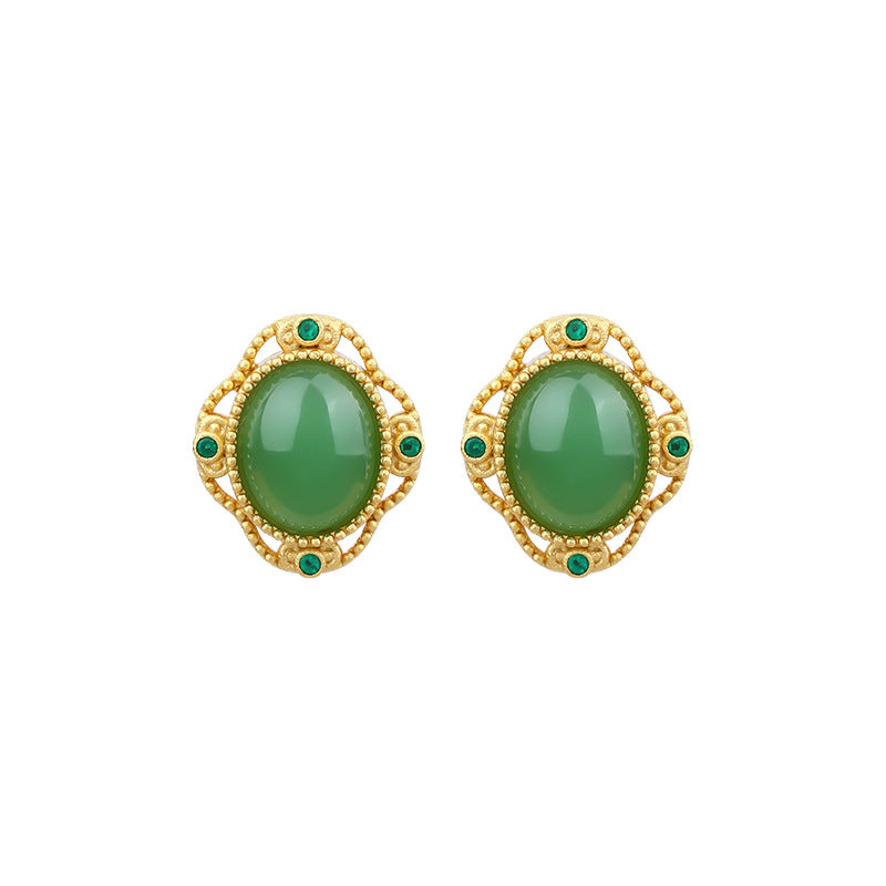 925 Silver Needle Imitation Jasper Earrings, Simple Round Retro for Women