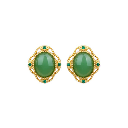 925 Silver Needle Imitation Jasper Earrings, Simple Round Retro for Women