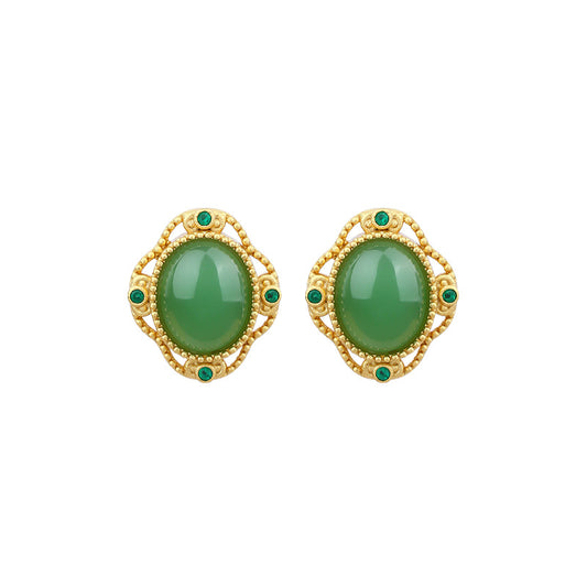 925 Silver Needle Imitation Jasper Earrings, Simple Round Retro for Women