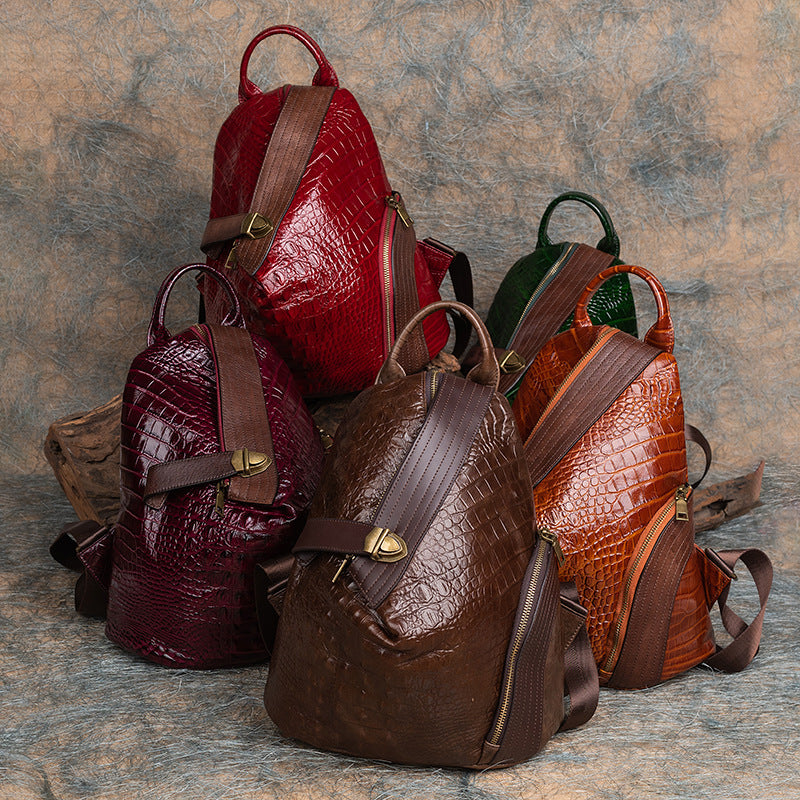 Factory Direct First Layer Cowhide Multi - purpose Crocodile Pattern Handmade Brushed Leather Backpack