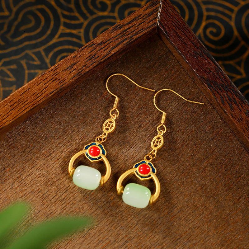 925 Silver Needle Xiangyun Lutong Earrings with Transfer Beads and Imitation Jade
