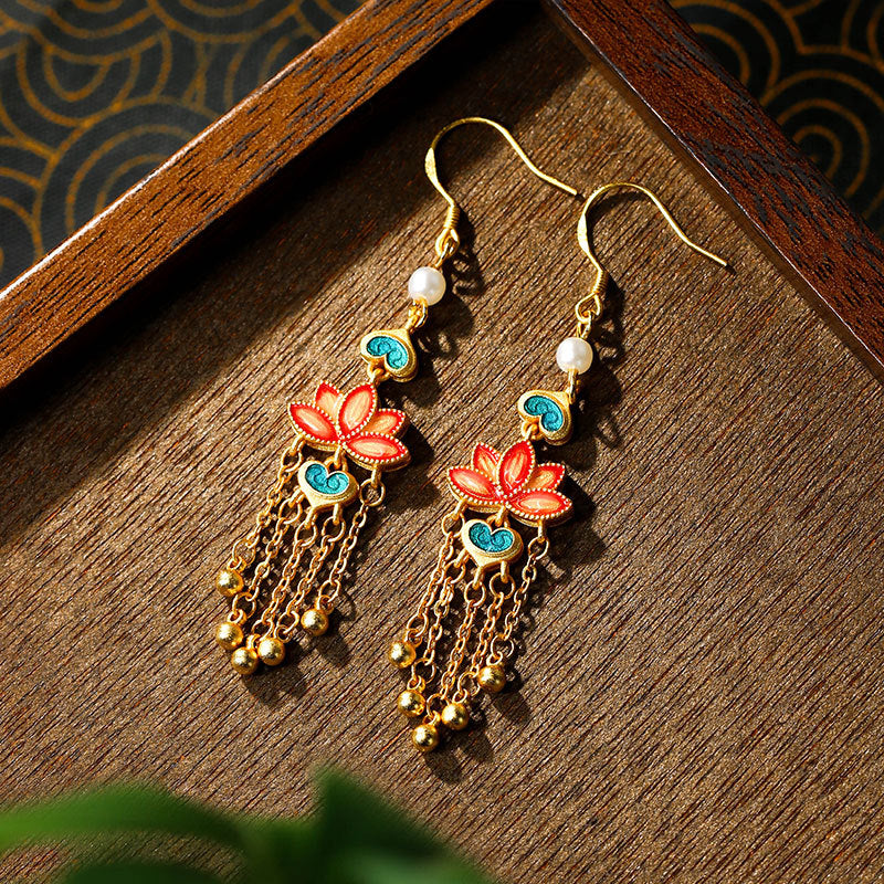 Enamel Cloisonne Good Luck Beads Pearl Antique Tassel Earrings for Women