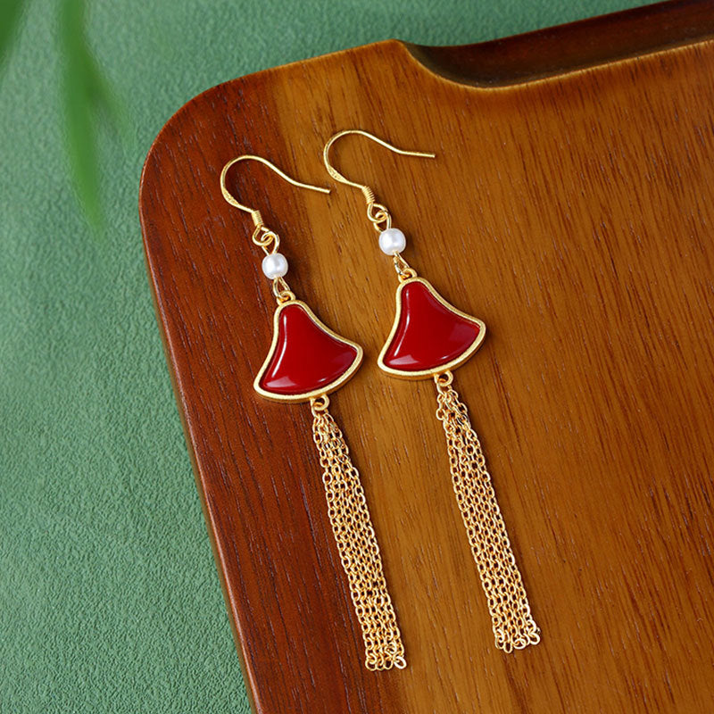 Elliary Niche Long Modified Face-shaped Fan-shaped Skirt Imitation South Ruby Tassel Earrings