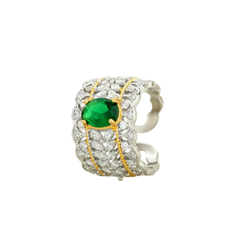 Italian Palace Hollow Pattern Double Color Gold Imitation Emerald Pigeon Egg Retro Ring