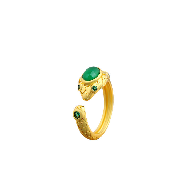 Gold-plated Snake Open Ring with Imitation Emerald for Women