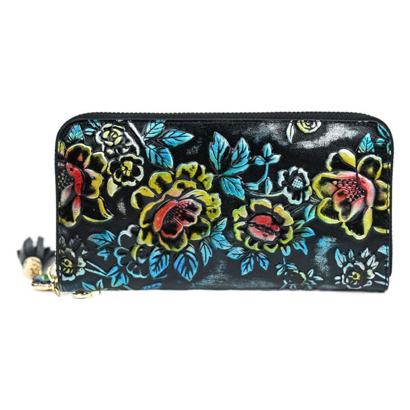 Genuine Leather Women's Wallet, Large Capacity, Multi Card, Embossed Handmade, Colorful Zipper Bag