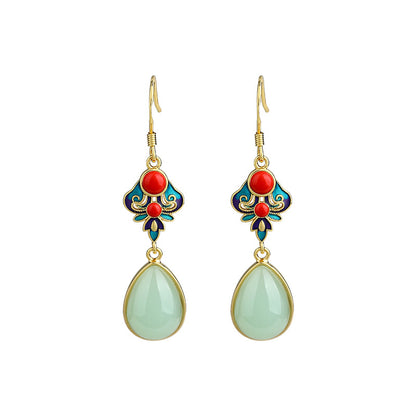 Mirror technology Enamel cloisonne imitation jade Ruyi water drop earrings