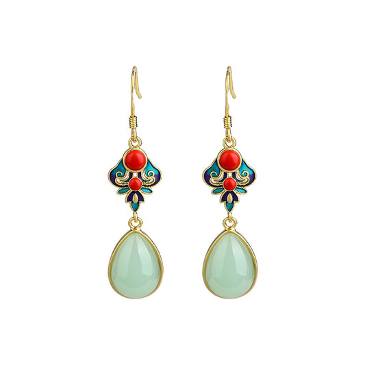 Mirror technology Enamel cloisonne imitation jade Ruyi water drop earrings