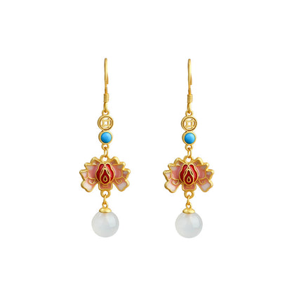 Enamel Painted Lotus Natural White Chalcedony Retro Earrings for Women
