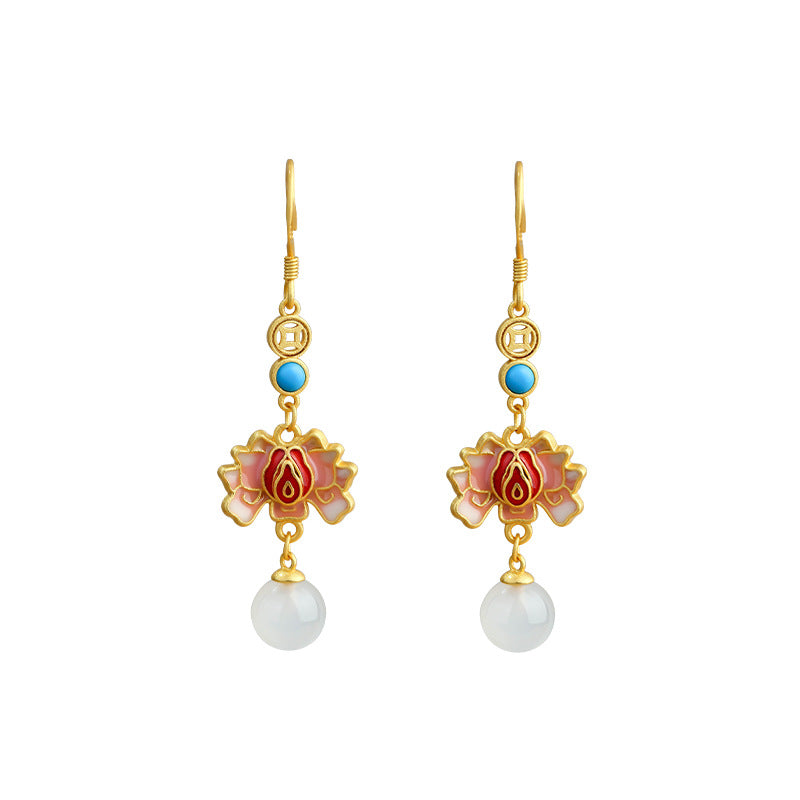 Enamel Painted Lotus Natural White Chalcedony Retro Earrings for Women