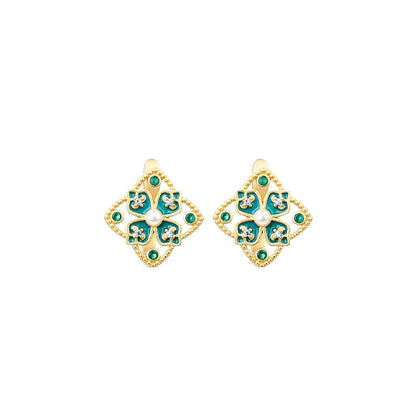 Cold Enamel Imitation Pearl Four-leaf Clover Flower Stud Earrings 925 Silver Needle