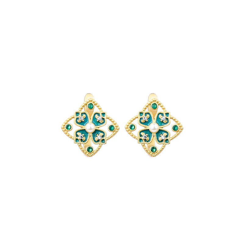 Cold Enamel Imitation Pearl Four-leaf Clover Flower Stud Earrings 925 Silver Needle