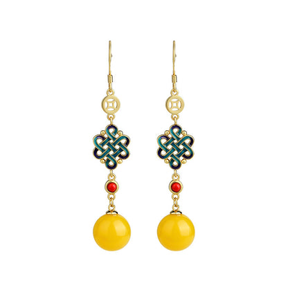 Imitation Beeswax Amber Earrings with Niche Design and Chinese Knot Blessing