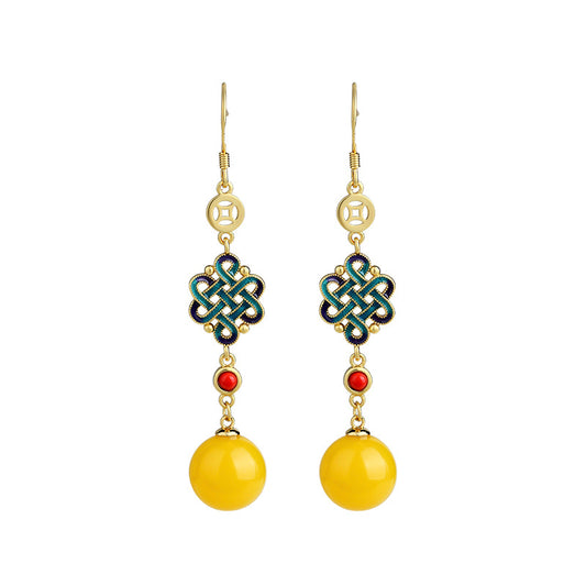 Imitation Beeswax Amber Earrings with Niche Design and Chinese Knot Blessing