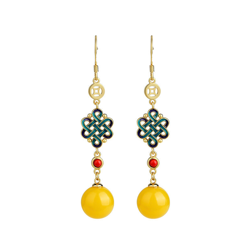 Imitation Beeswax Amber Earrings with Niche Design and Chinese Knot Blessing