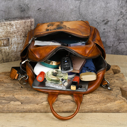 Vintage Large Capacity Vegetable Tanned Leather Women's Backpack, Handmade Head Layer Cowhide