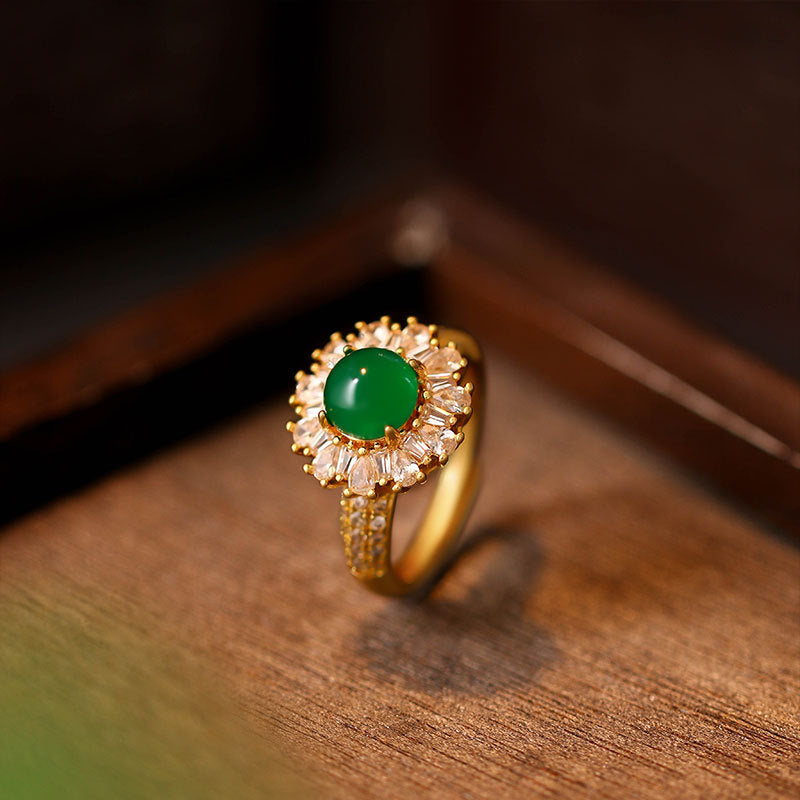 Retro Imitation Hetian Jade Jasper Ice Spinach Green Ring for Women