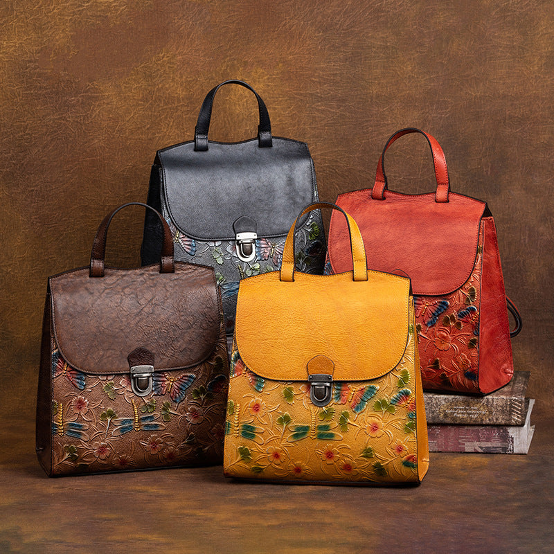 Genuine Vegetable Tanned Leather Embossed Women's Backpack