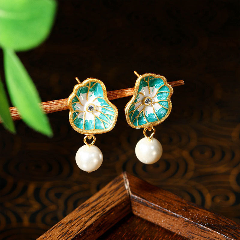 925 Silver Needle Earrings with Colorful Enamel, Faux Shellfish Pearl and Lotus Leaf Design for Women