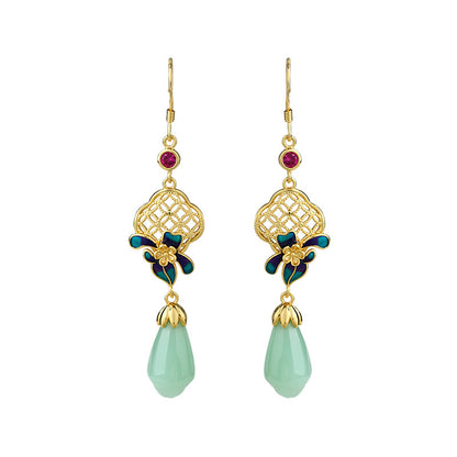 National tide style ancient enamel gold-plated imitation Hetian jade orchid earrings