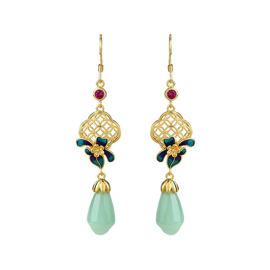 National tide style ancient enamel gold-plated imitation Hetian jade orchid earrings