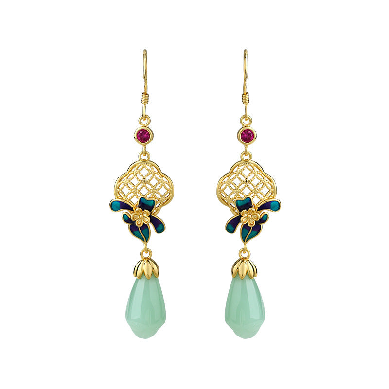 National tide style ancient enamel gold-plated imitation Hetian jade orchid earrings