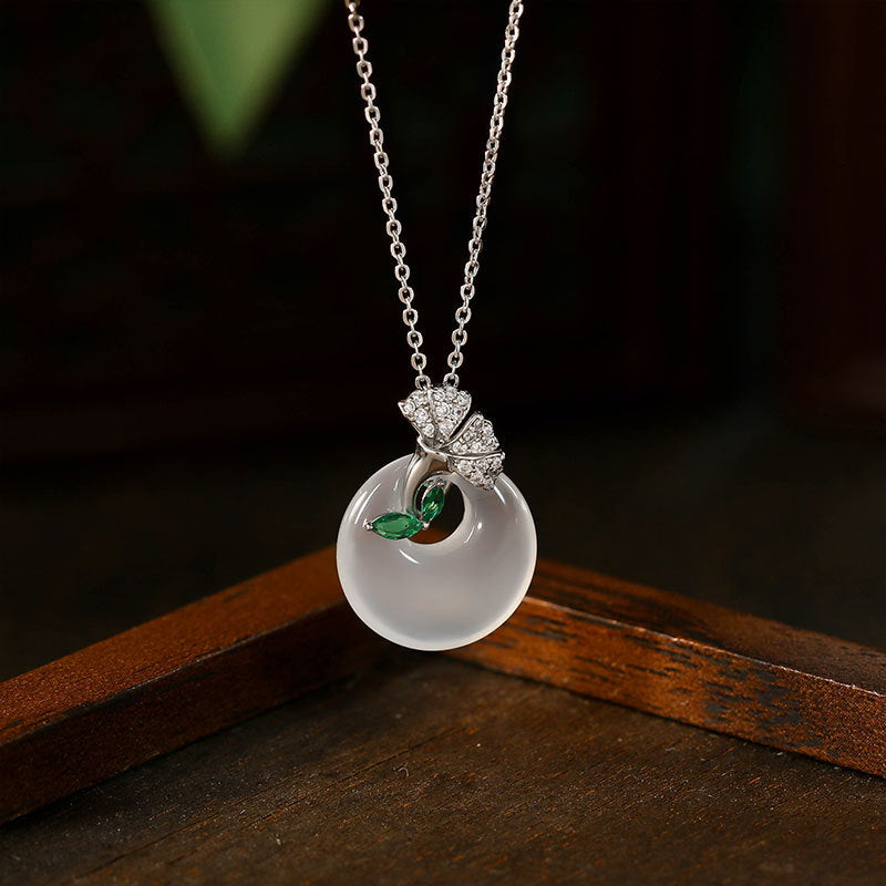 Ice White Chalcedony Sansheng Apricot Ping An Buckle Necklace for Women
