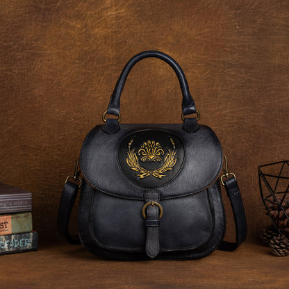 Vintage Cowhide Women's Multi-purpose Vegetable Tanned Leather Hand Backpack with Embossed Design
