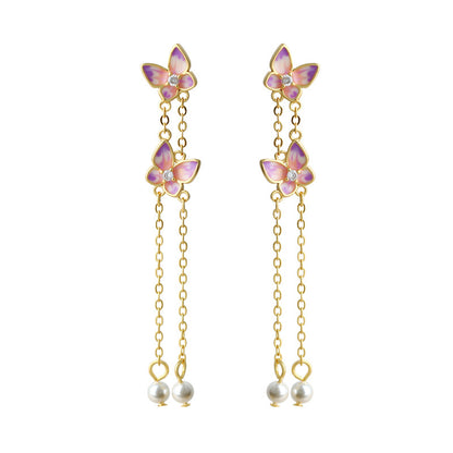 925 Silver Needle Tassel Pearl Butterfly Earrings for Women