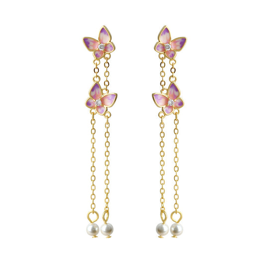 925 Silver Needle Tassel Pearl Butterfly Earrings for Women