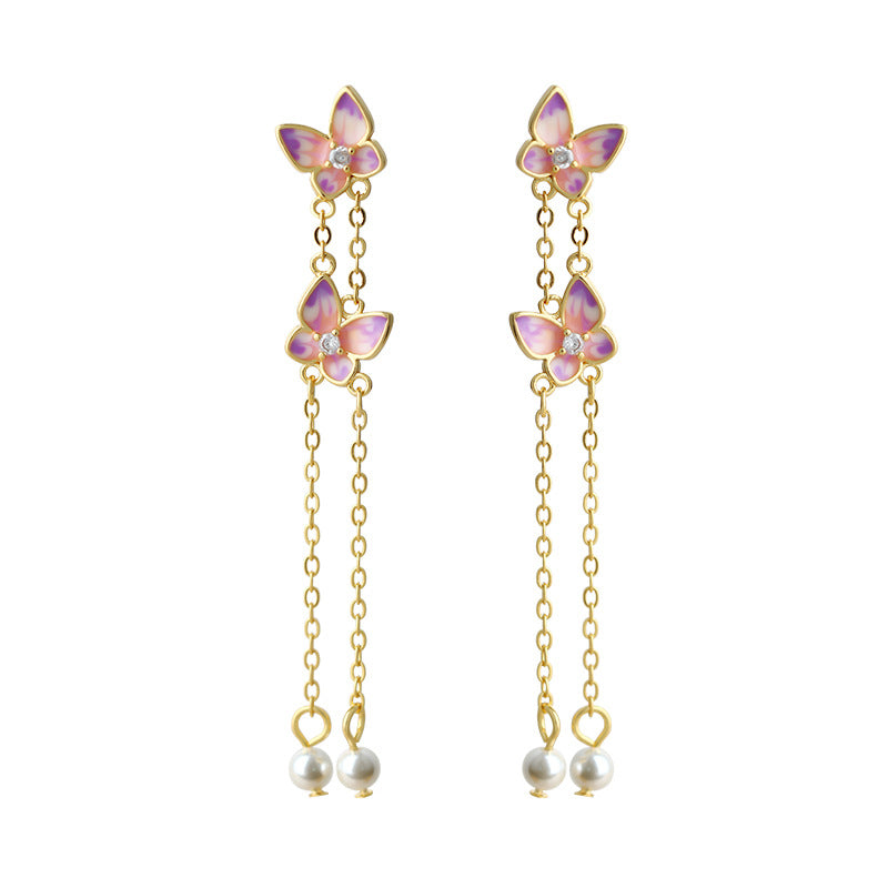 925 Silver Needle Tassel Pearl Butterfly Earrings for Women